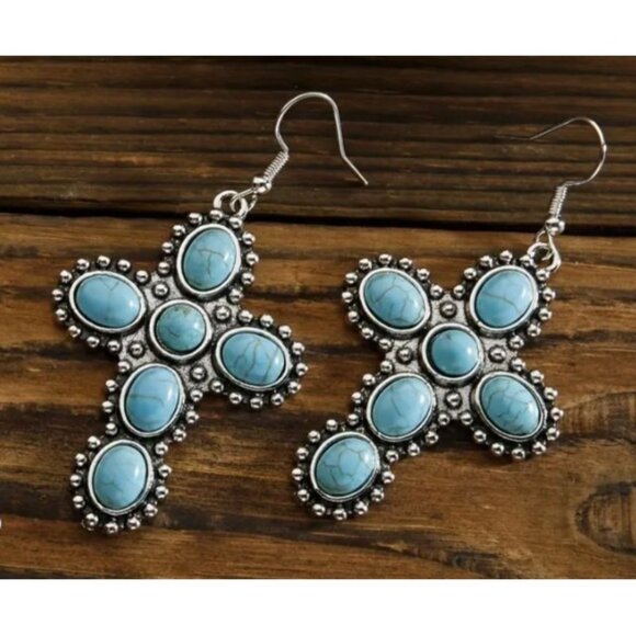 Turquoise Cross Dangle Earrings With Silver Accents NEW - Picture 3 of 3
